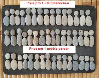 May include: A black background with two rows of pebble people, each row has 20 pebble people. The text "Preis pro 1 Steinmännchen" is above the top row and "Price per 1 pebble person" is below the bottom row.