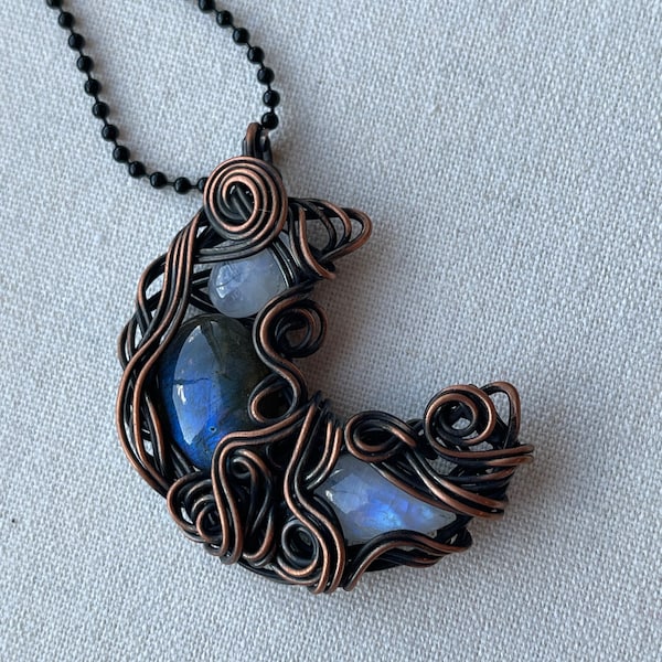 Large “Chaos” Copper Spiral Moon Pendant with Moonstone and Blue Labradorite
