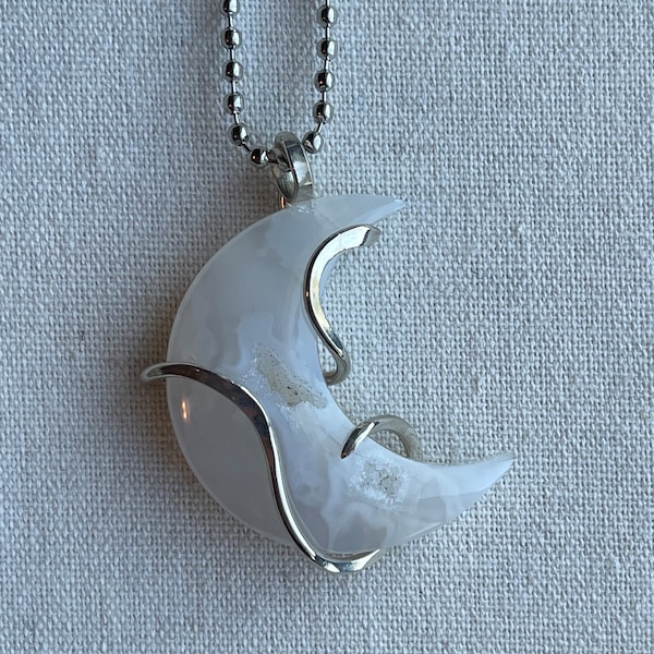 White Lace Agate Moon Pendant in Sterling silver