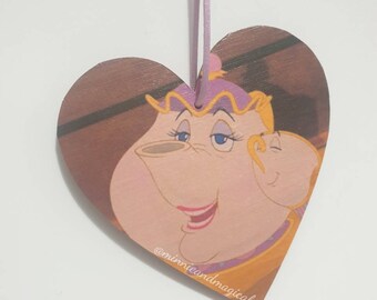 Mrs Potts and Chip wooden hanging heart decoration ~ Disney Beauty and the Beast