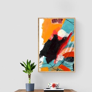 Printable abstract art print, colorful, orange blue red black abstract painting, digital download wall art, modern printable wall decor
