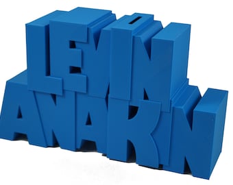 May include: A blue 3D printed piggy bank shaped like the words "LEVIN ANAKIN".