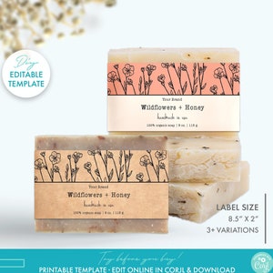 DIY Printable Botanical Soap Label Template - Editable Floral Bar Soap Label, Rustic Soap Label Design, Kraft Soap Packaging, Soap Sleeve