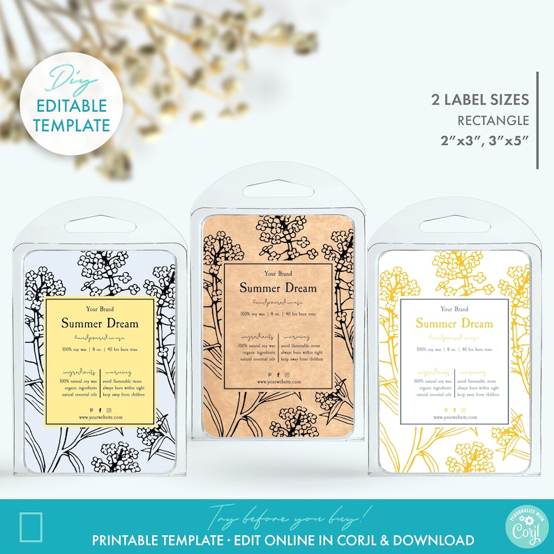 editable botanical wax melts label template 2 sizes diy etsy