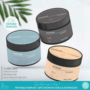 Minimal DIY Cosmetic Jar Label Template (5 Sizes) - Editable Circle & Wrap Around Body Product Labels, Printable Product Packaging Design