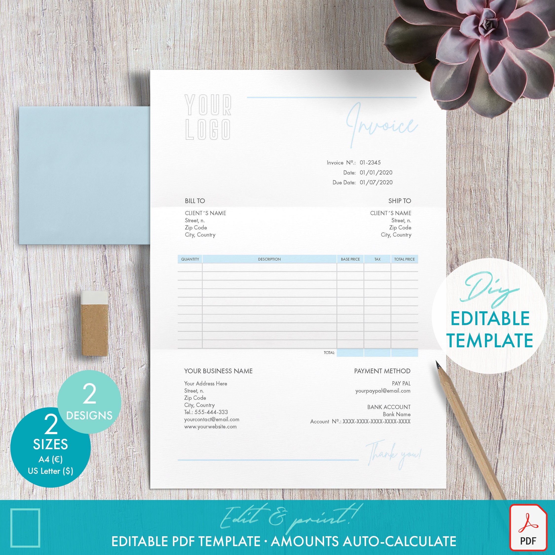 Printable Elegant Invoice Template PDF Download 2 Colors - Etsy