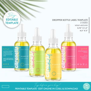 Editable Neon Essential Oil Label Template (1 oz, 2 oz, 4 oz), Printable Dropper Bottle Label Template, Modern Cosmetic Bottle Label Design