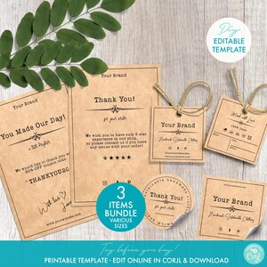 Printable Clothing Labels Branding Bundle Templates - Editable Hang Tag, Round Sticker Label & Business Thank You Card Order Insert Set DIY