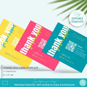 DIY Editable Neon Business Thank You Card Template w/ QR-code Review Request, Printable Colorful Modern Thank You For Your Order Card Design