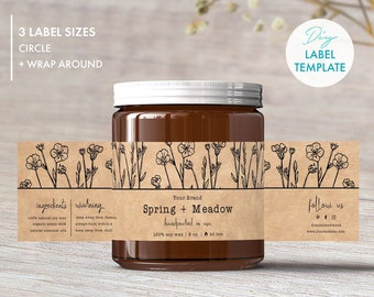 Editable Wrap Around & Circle Candle Label Template - Printable Botanical Rectangular + Round Candle Ticker Label Design - DIY Kraft Label