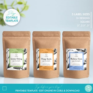 Editable Tea Packaging Label Template (3 Sizes) - DIY Printable Tea Pouch Label Design, Botanical Tea Label Download, Doypack Square Label