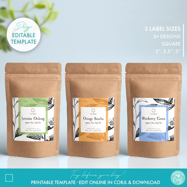 Editable Tea Packaging Label Template (3 Sizes) - DIY Printable Tea Pouch Label Design, Botanical Tea Label Download, Doypack Square Label