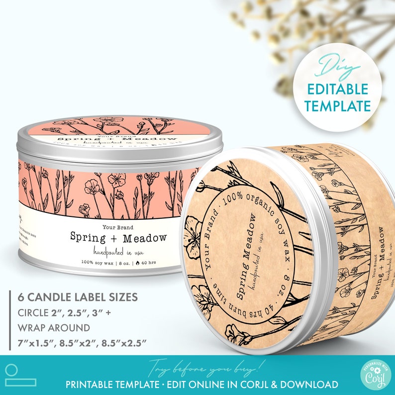 Botanical Printable Candle Jar Label Template Wrap Around & Etsy UK
