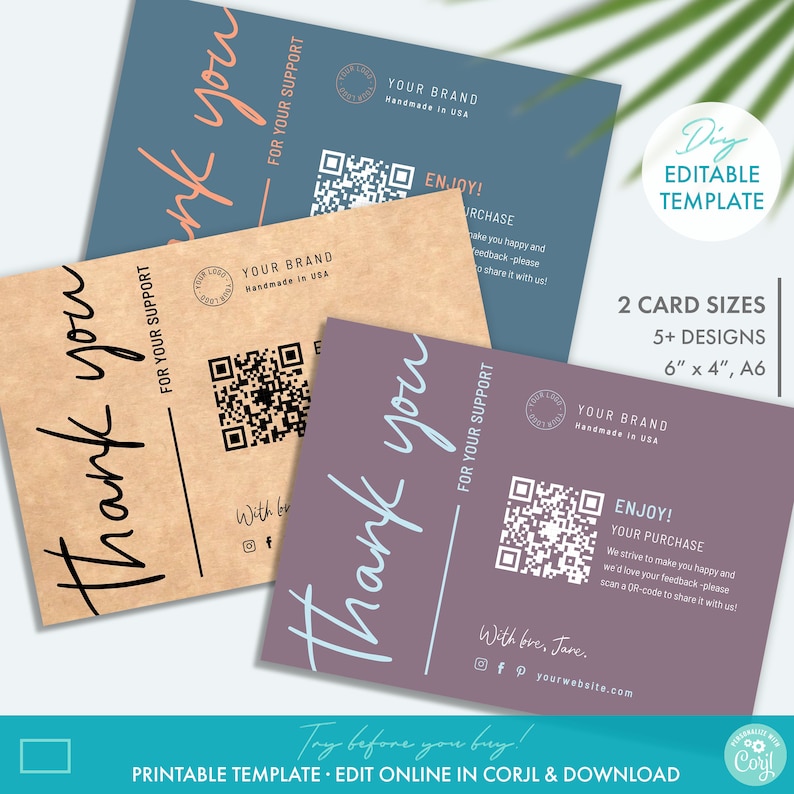 Elegant Editable Business Thank You Card Template w/ QR-code | Etsy