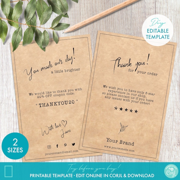 DIY Printable Order Insert Business Thank You Card Template - Editable Thank You For Your Order Postcard Design - Custom Business Postcard