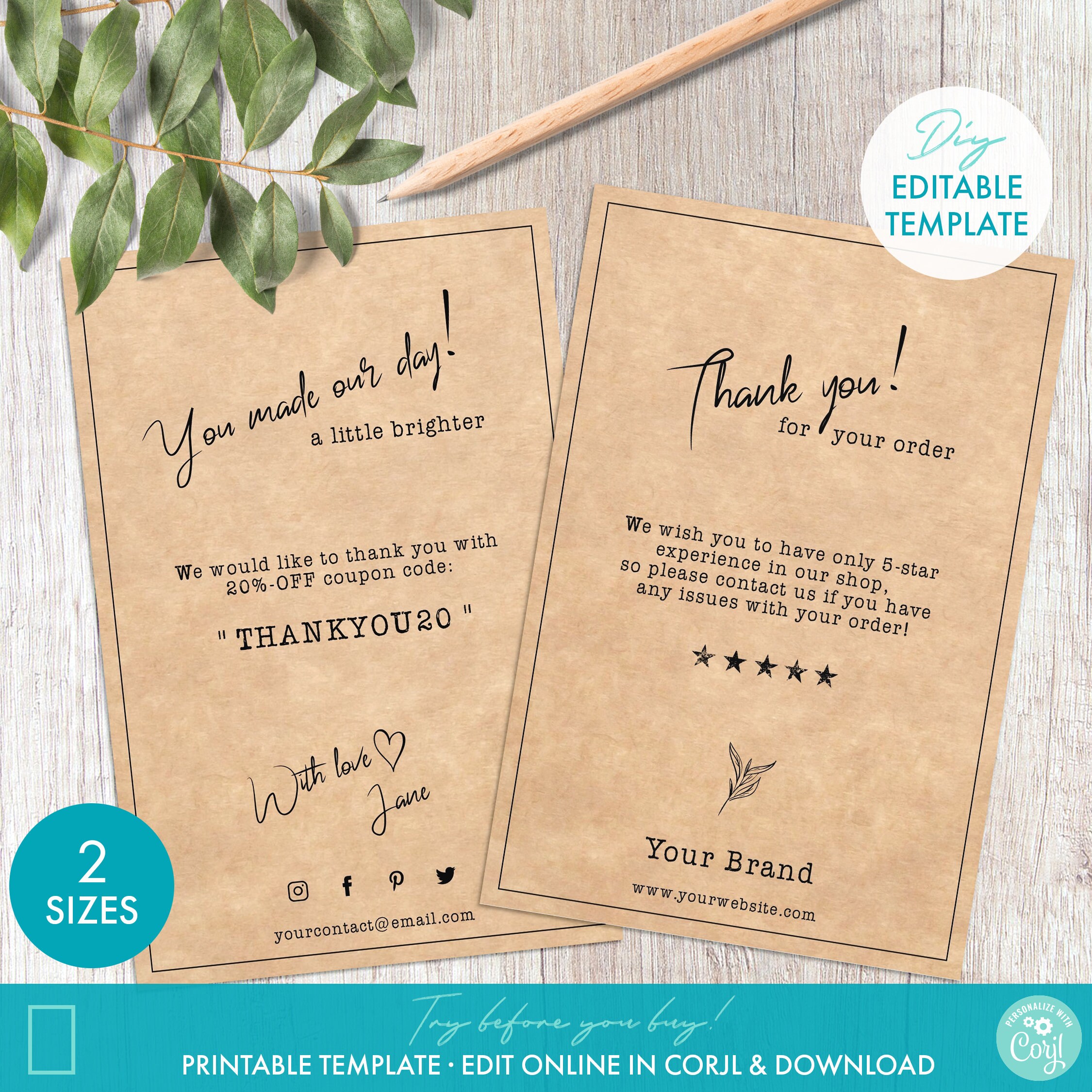DIY Printable Order Insert Business Thank You Card Template | Etsy