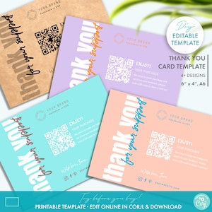 DIY Pastel Editable Business Thank You Card Template w/ QR-code Review Request (2 Sizes), Printable Modern Thank You For Your Order Card