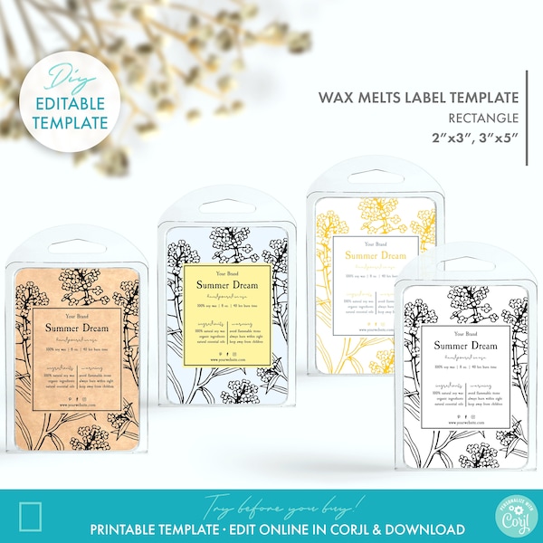 Editable Botanical Wax Tarts Label Template (2 Sizes), DIY Printable Floral Soy Wax Melts Label, Rustic Kraft Wax Melt Label Design Template