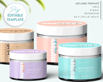 Editable Feminine Body Butter Jar Label Template, DIY Pastel Cosmetic Body Product Label Design, Printable Modern Circle & Wrap Around Label