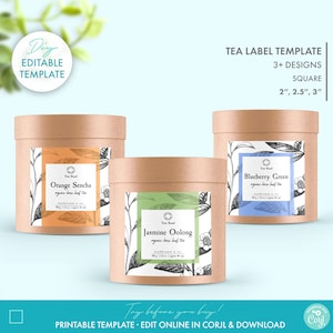Botanical Editable Tea Label Template (3 Sizes) - DIY Printable Tea Pouch Label Design, Tea Packaging Sticker Label, Doypack Square Label
