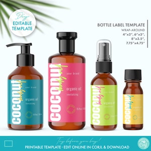 DIY Neon Cosmetic Bottle Label Template (4 Sizes) - Editable Bold Fun Body Product Labels, Printable Body Oil Shampoo Lotion Label Design