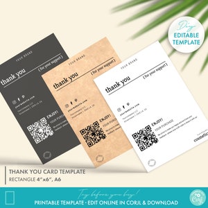 DIY Editable Minimal Business Thank You Card Template w/ QR-code Review Request (2 Sizes) - Printable Thank You For Your Order Card Download