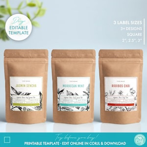 Editable Botanical Tea Label Template (3 Sizes) - Printable Tea Pouch Label Design, DIY Doypack Tea & Coffee Label Template, Tea Packaging