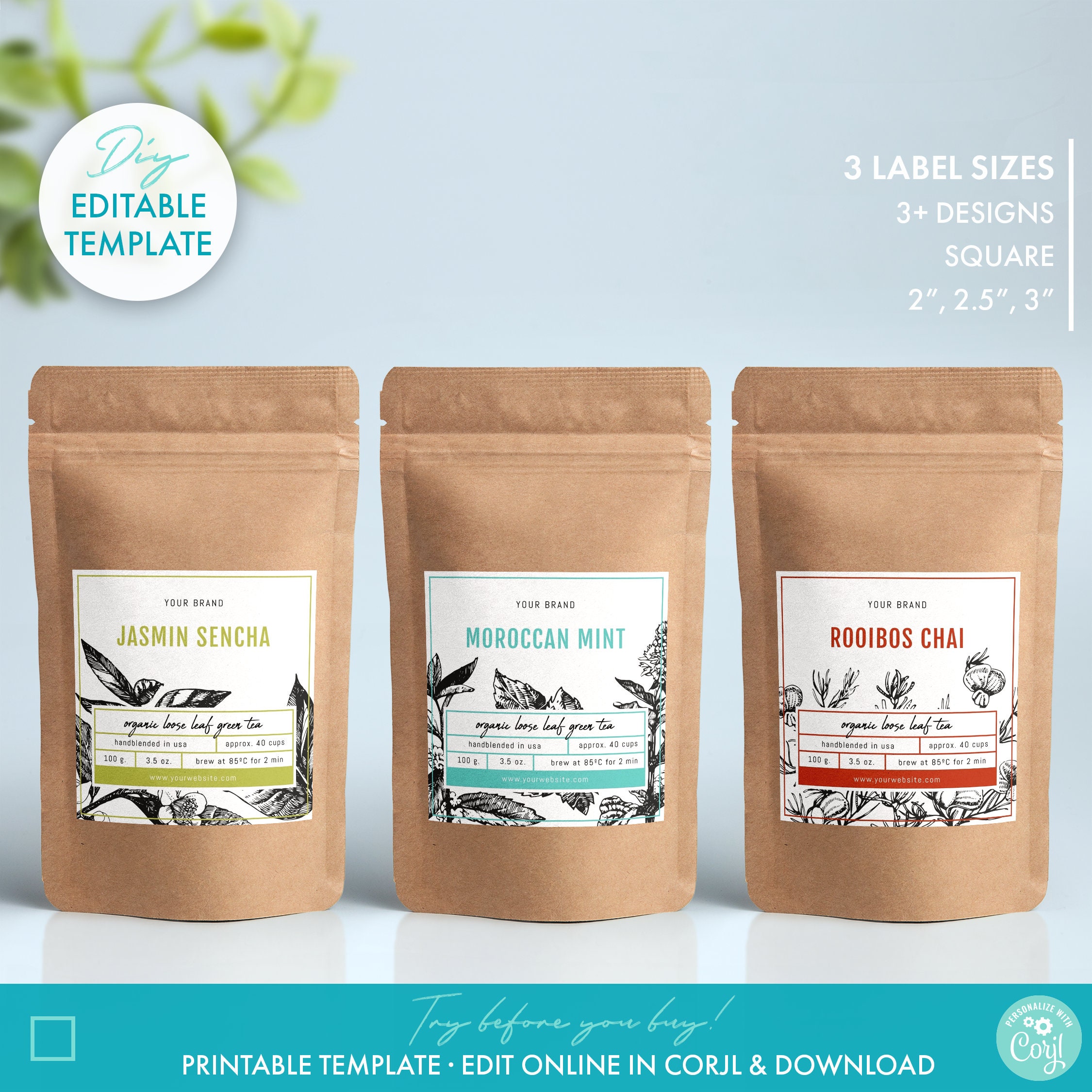 Editable Botanical Tea Label Template 3 Sizes Printable | Etsy