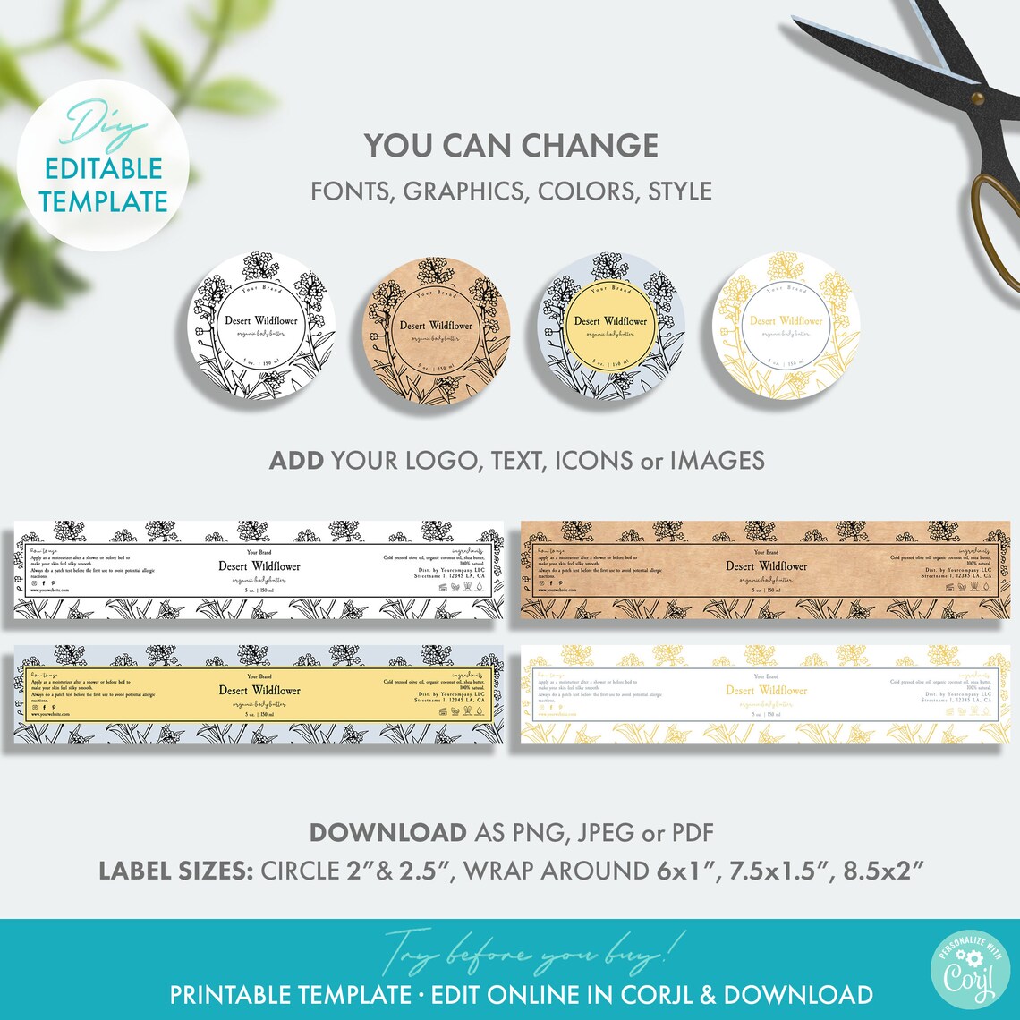 Editable Botanical Cosmetic Jar Label Template 5 Sizes - Etsy