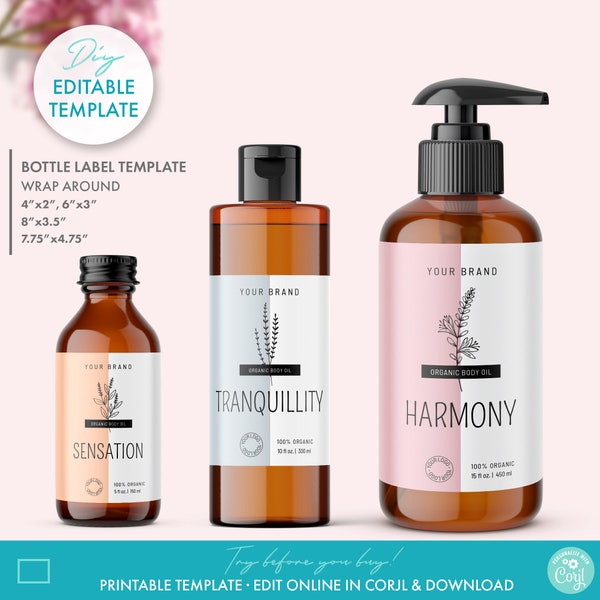 DIY Editable Floral Cosmetic Bottle Label Template (4 Sizes) - Printable Elegant Shampoo Label Design, Beauty & Body Product Packaging Logo