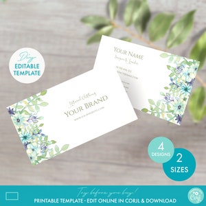 Printable Floral Watercolor Business Card Template (4 Designs!) - Editable Botanical Business Cards - DIY Custom Business Card Design