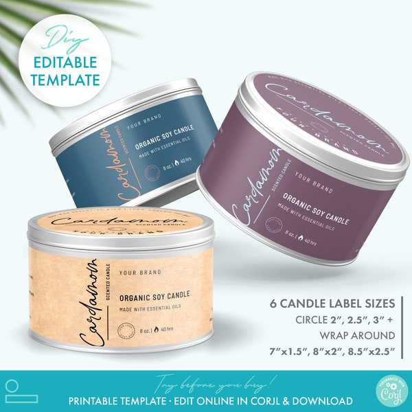 Elegant Printable Candle Tin Label Template (6 Sizes), Editable Wrap Around & Circle Candle Jar Label Design, Feminine Modern Candle Label
