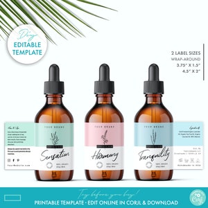 Editable 1 oz, 2oz, 4oz Dropper Bottle Label Template (2 Sizes), Printable Floral Essential Oil Label Template, Cosmetic Beauty Label Design