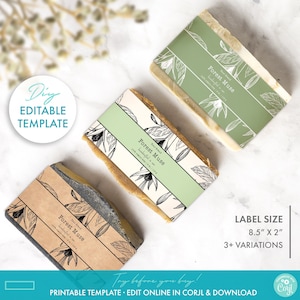 DIY Editable Botanical Bar Soap Label Template - Printable Floral Soap Label Design, DIY Soap Sleeve Label, Vintage Kraft Soap Packaging