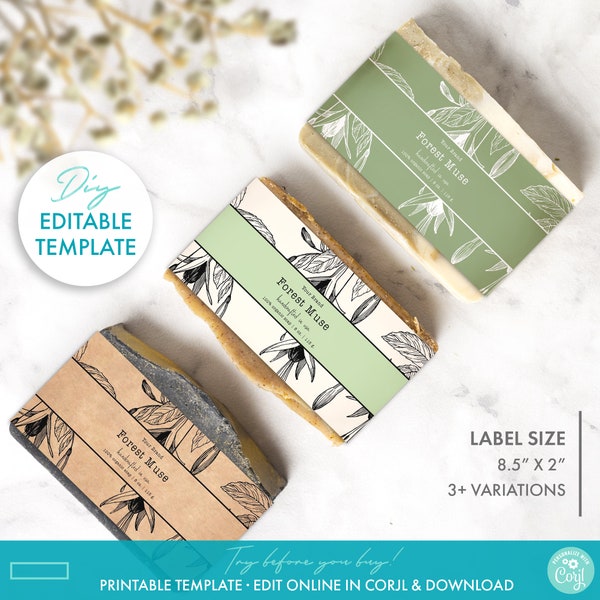 DIY Editable Botanical Bar Soap Label Template - Printable Floral Soap Label Design, DIY Soap Sleeve Label, Vintage Kraft Soap Packaging