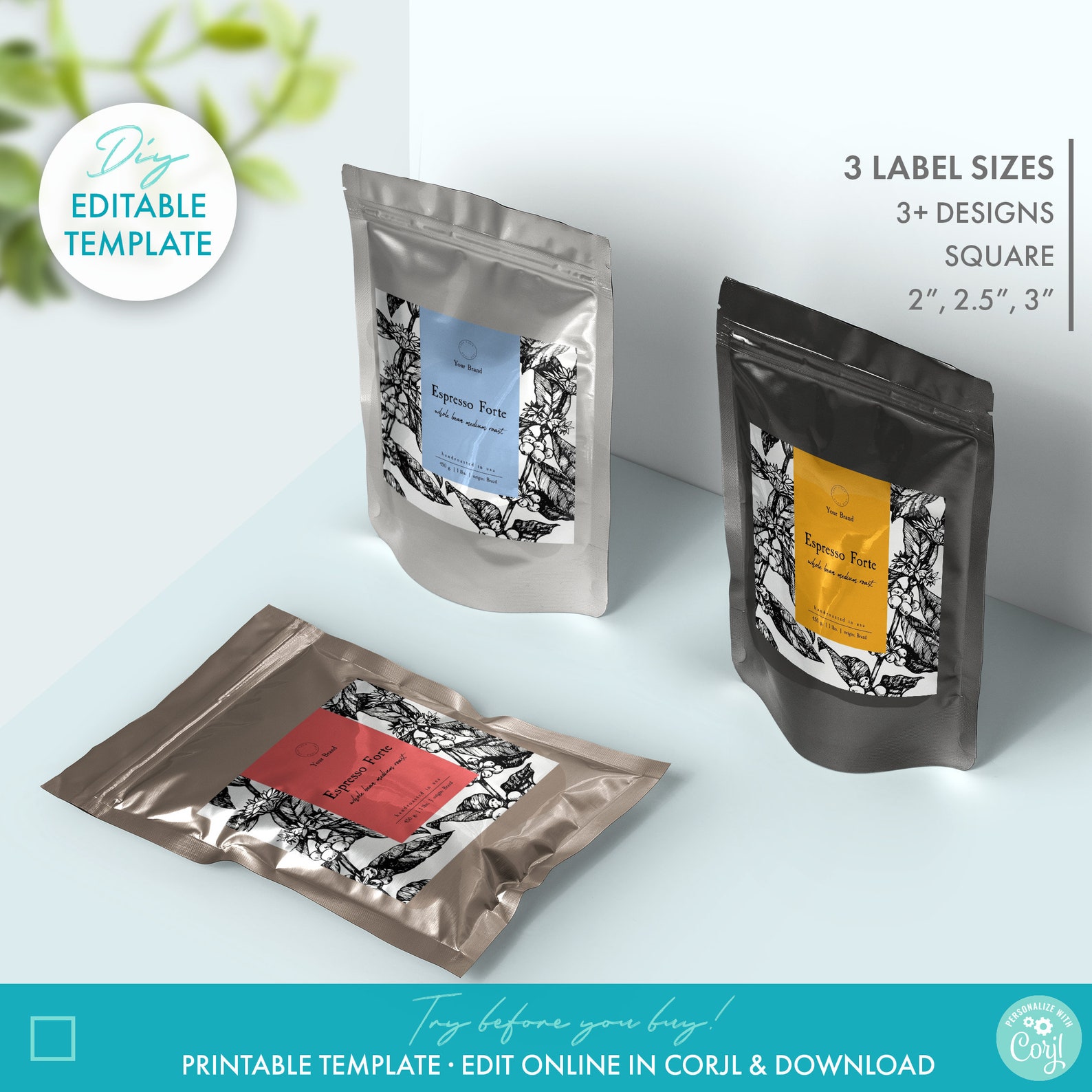 DIY Botanical Coffee Packaging Label Template 3 Sizes - Etsy