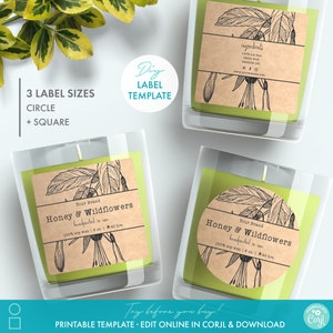 Printable Botanical Candle Label Template (3 Sizes!) - Fully Editable Custom Square & Circle Candle Label - Personalized Candle Sticker DIY