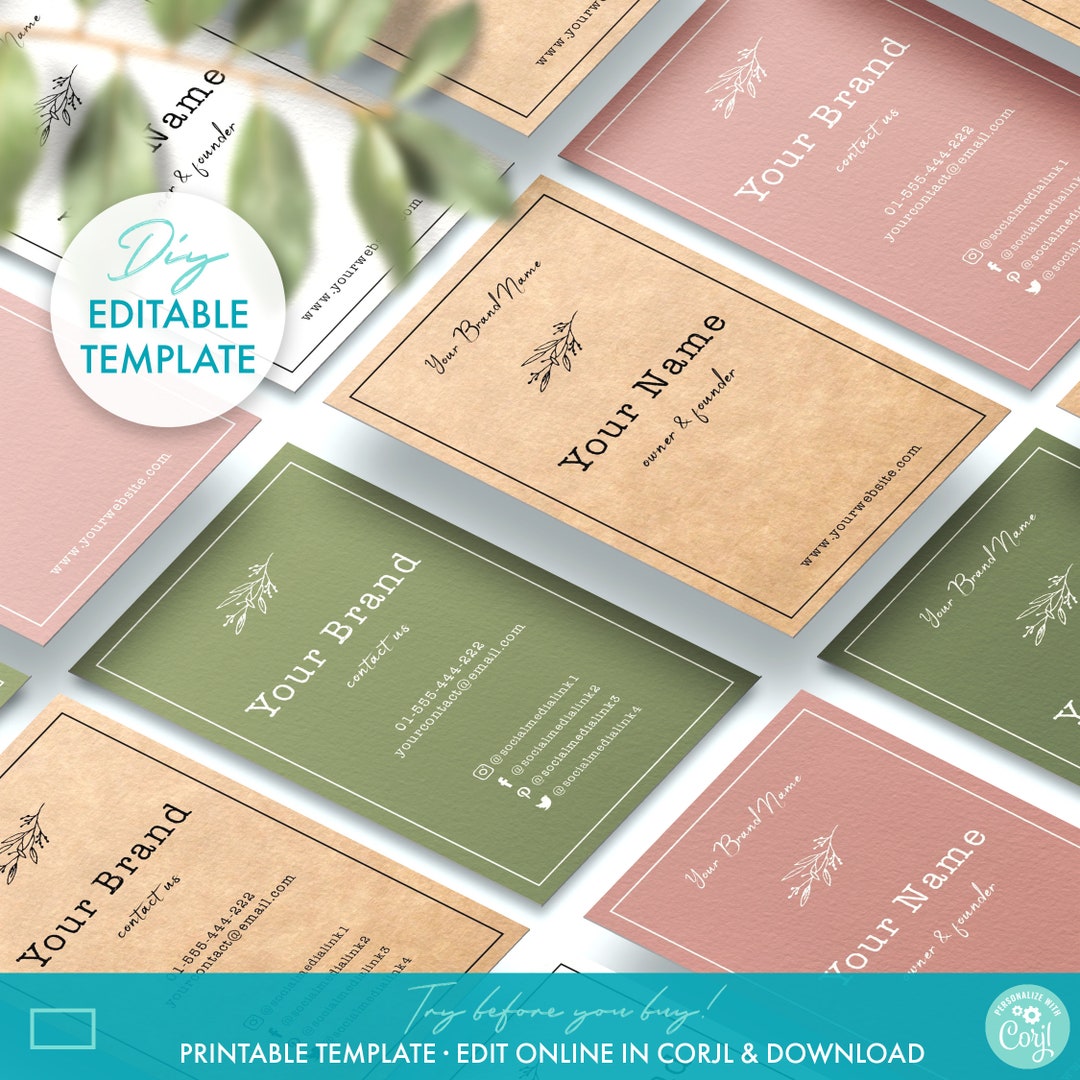 DIY Floral Rustic Business Card Template, Printable Minimal Kraft