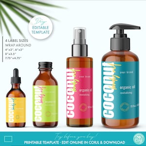 Neon Editable Cosmetic Bottle Label Template (4 Sizes) - DIY Modern Body Product Labels, Printable Body Oil Shampoo Lotion Label Design
