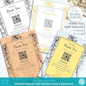 Printable Botanical Business Thank You Card Template w/ QR-code Review Request, Editable Rustic Floral DIY Thank You For Your Order Card