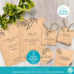 Editable Business Branding Bundle Templates - Printable Clothing Hang Tags, Sticker Labels, Thank You Card - DIY Templates Bundle Kraft Tags
