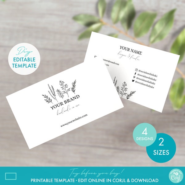 Printable Monochrome Floral Business Card Template - Editable Simple Business Card Download, DIY Minimalist Botanical Business Card Design