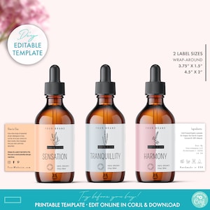 DIY Floral Minimal Dropper Bottle Label Template (1 oz, 2 oz, 4 oz), Editable Essential Oil Label Template, Cosmetic Product Label Design
