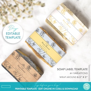 DIY Editable Botanical Bar Soap Label Template, Printable Floral Soap Label Design, Handmade Soap Sleeve Label, Rustic Kraft Soap Packaging