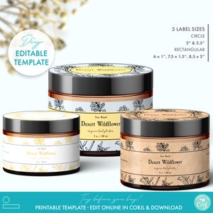 Editable Botanical Body Product Jar Label Template (5 Sizes), Printable Floral Body Butter Label, DIY Botanical Kraft Cosmetic Label Design
