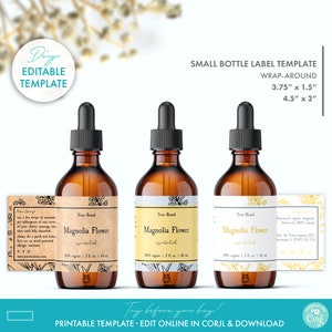 Botanical DIY Dropper Bottle Label Template (2 Sizes), Editable Floral Essential Oil Label Template, Printable Cosmetic Beauty Label Design