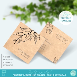 DIY Square Business Card Template - Editable Floral Business Card Design, Printable Kraft Business Card, Botanical Custom Business Cards