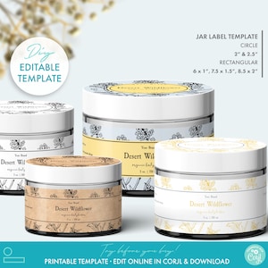 Editable Botanical Cosmetic Jar Label Template (5 Sizes), Printable Floral Body Butter Label, DIY Botanical Kraft Skincare Label Design