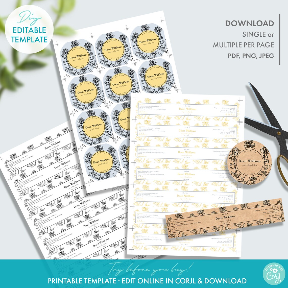 Editable Botanical Cosmetic Jar Label Template 5 Sizes - Etsy