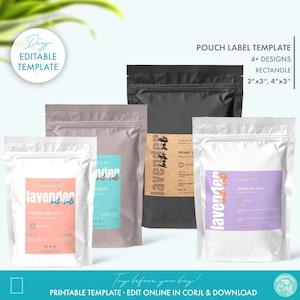 Editable Pastel Bath Salts Pouch Label Template (2 Sizes), DIY Doypack Sticker Design, Printable Cosmetic Pouch Label Body Product Packaging